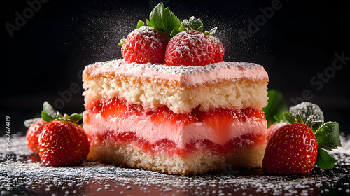 Strawberry Cake Slice with Powdered Sugar on Black Background. photo