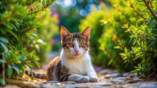 Stray cat peacefully resting amidst the lush greenery of nature on KOS island, Greece, Stray cat, resting, nature, KOS island photo