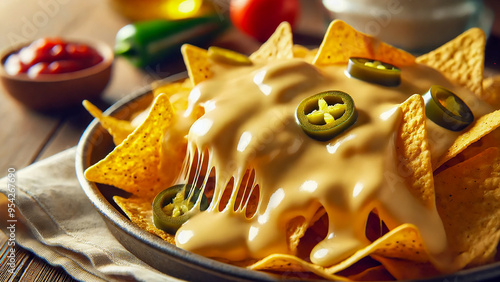 A detailed shot of melted cheese flowing over nachos