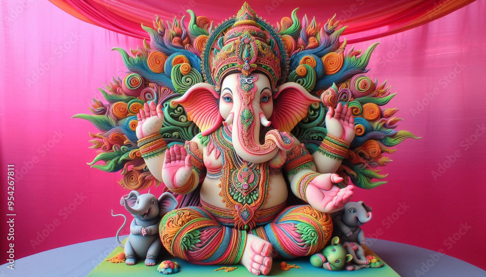 Fototapeta premium Hindu God Ganesh or Ganesha idol with vibrant colors and pink background