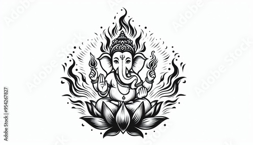 Hindu God Ganesh or Ganesha idol logo tattoo in black and white with lotus flower