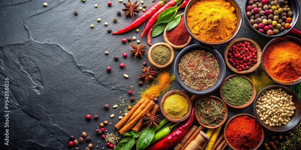 Colorful Indian spices on black stone background, top view, Indian, spices, colorful, cooking, ingredients, herbs Colorful Indian spices on black stone background, top view, Indian, spices, colorful, cooking, ingredients, herbs