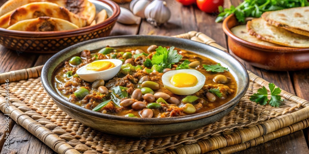 Traditional Sudanese breakfast dish of Ful Madames with seasoned fava beans, served with bread and eggs Traditional Sudanese breakfast dish of Ful Madames with seasoned fava beans, served with bread and eggs