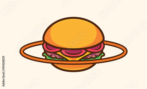 Planet Burger with a ring orbit, vector cartoon illustration template for a hamburger restauran