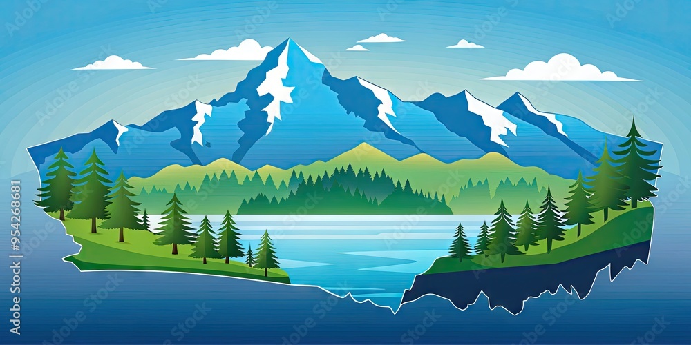 Obraz premium Stylized illustration of Washington State's outline, featuring iconic mountains, Puget Sound, and Columbia River, set against a bright blue background with subtle gradient effect.