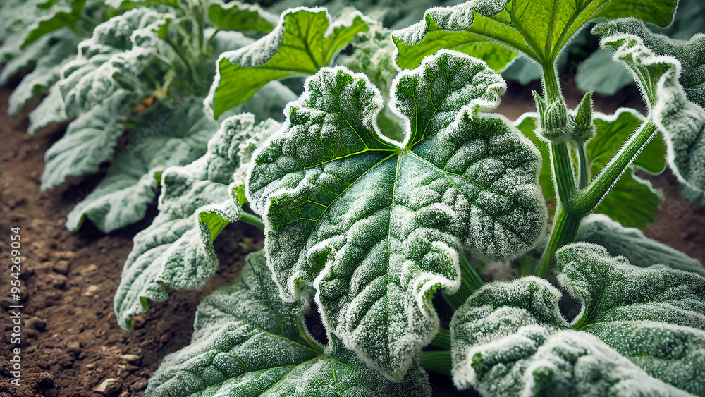 Close-up image of squash leaves covered in powdery mildew, with the white Close-up image of squash leaves covered in powdery mildew, with the white