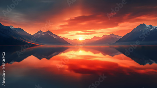 Sunset over a calm lake ref...