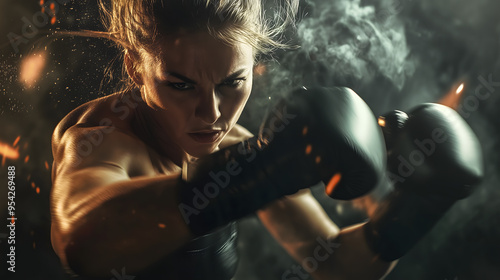 Fierce female boxer delivering a powerful punch with intense focus in a dramatic scene photo