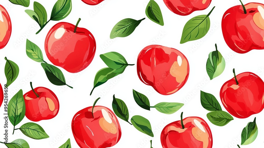 A seamless pattern of bright red apples with green leaves, creating a lively and fresh design A seamless pattern of bright red apples with green leaves, creating a lively and fresh design