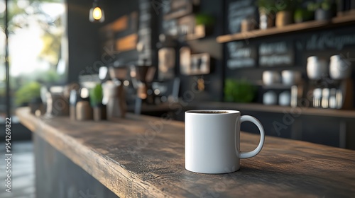 A 3D-rendered coffee mug on a rustic counter in an eco-friendly coffee shop