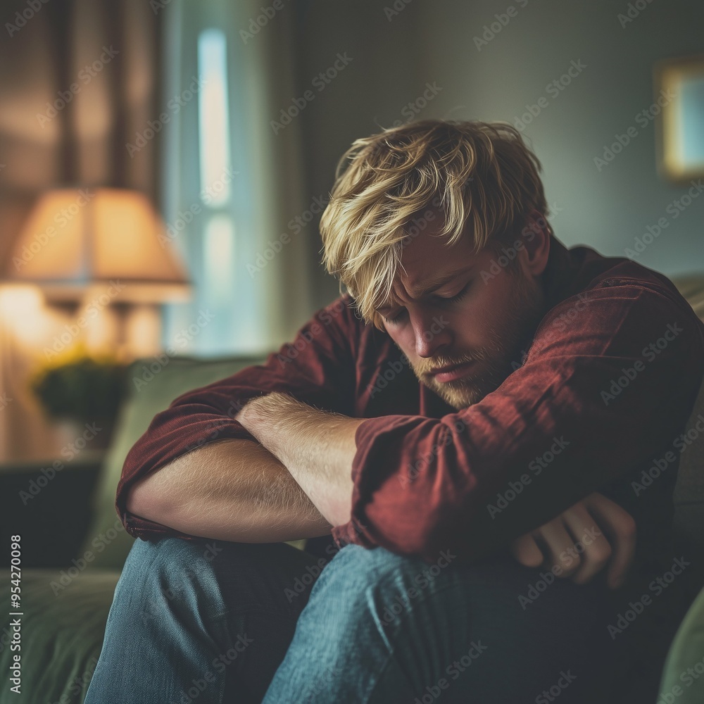 Obraz premium Sad depressed blond man sitting in his living room, depression and loneliness, mental health concept. Square photography