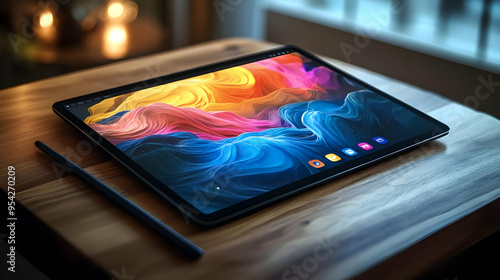 Tablet with stylus and abstract colorful design on the screen, sitting on a wooden table.