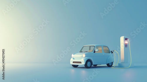 Cartoon style white electric car charging at a station against a blue background.