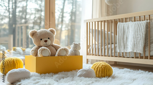 Teddy bear and toys in a ye...