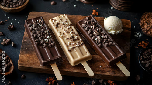 Three chocolate popsicles w...