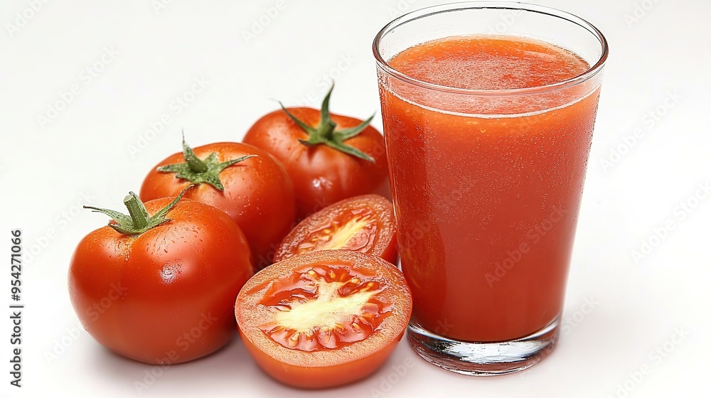Fresh Tomato Juice Accompanied by Whole and Sliced Tomatoes, Highlighting Natural Freshness and Vibrant Red Color. Fresh Tomato Juice Accompanied by Whole and Sliced Tomatoes, Highlighting Natural Freshness and Vibrant Red Color.