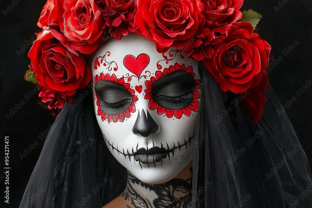 Young woman with dia de los muertos makeup, day of dead, black background Young woman with dia de los muertos makeup, day of dead, black background