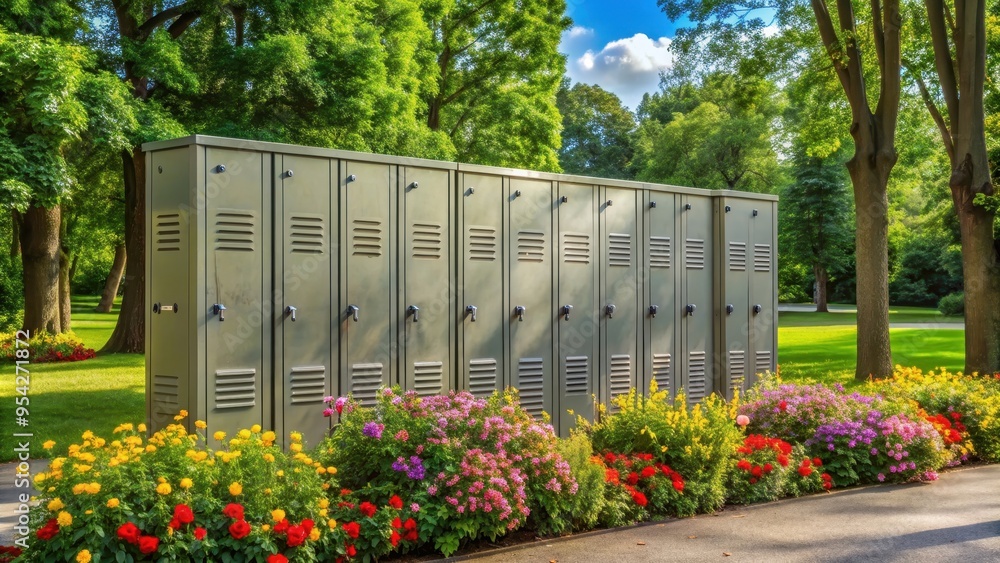 Row of metal lockers in park setting with green trees and flowers , lockers, metal, park, trees, flowers, lush
