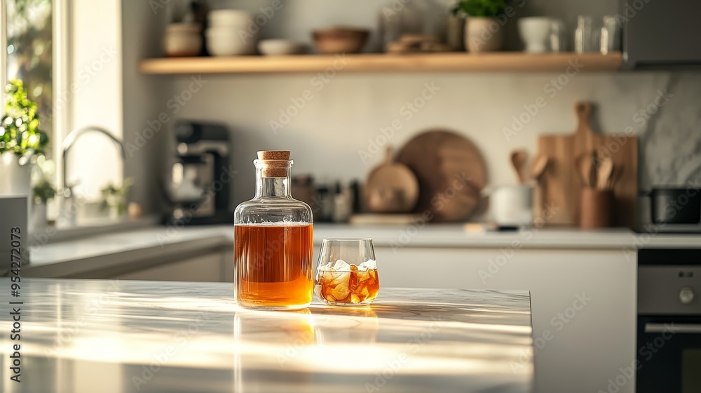 In a modern kitchen, there is a bottle of homemade kombucha and a glass placed on a tidy island. The minimalist decorative style adds a peaceful atmosphere. In a modern kitchen, there is a bottle of homemade kombucha and a glass placed on a tidy island. The minimalist decorative style adds a peaceful atmosphere.