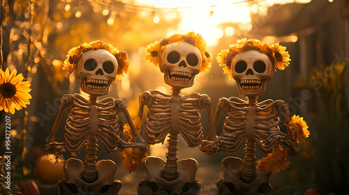 Three grinning skeletons wi...