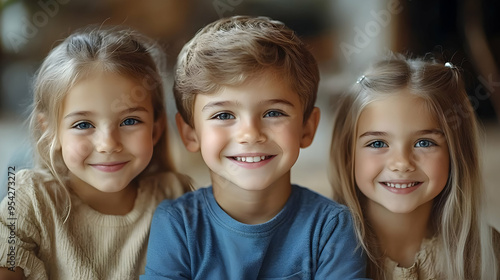 Three smiling children look...