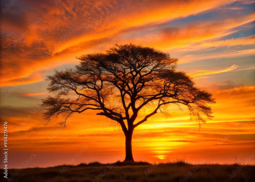 Tall, solitary tree stands against a vibrant orange sunset sky, its delicate branches outlining a striking silhouette Tall, solitary tree stands against a vibrant orange sunset sky, its delicate branches outlining a striking silhouette