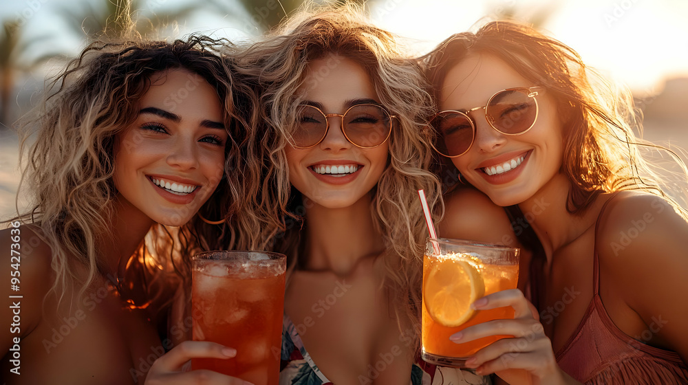 Three smiling women with curly hair enjoying a cocktail on a beach. Three smiling women with curly hair enjoying a cocktail on a beach.