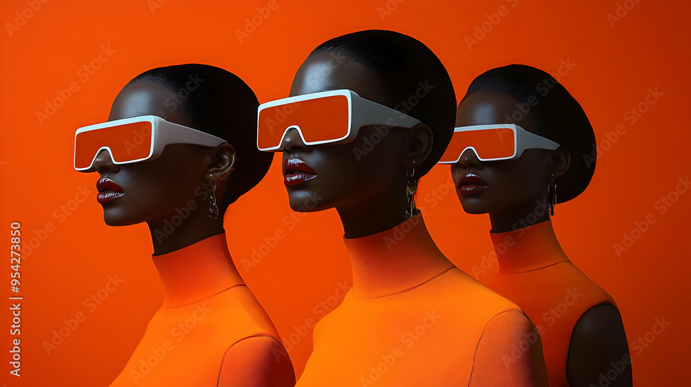 Fototapeta premium Three stylish black women wearing orange clothing and futuristic sunglasses against an orange background.