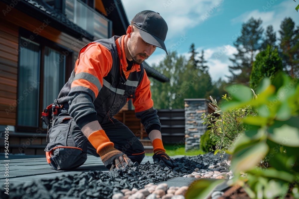 A man in an orange and black uniform is working on a garden A man in an orange and black uniform is working on a garden