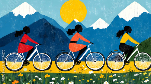 Three women ride bicycles i...