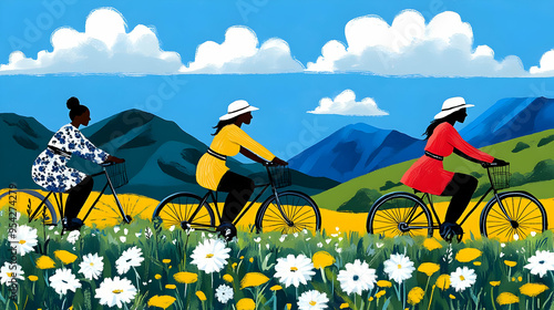 Three women ride bikes in a...