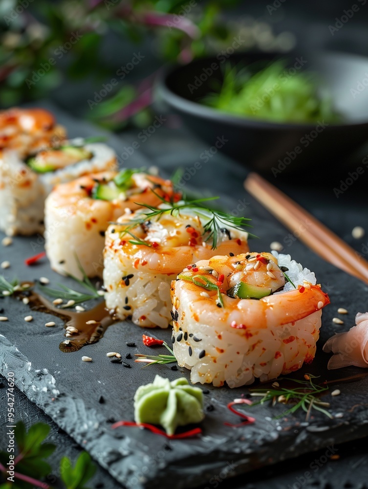 Boston Roll sushi on a rustic ceramic plate with light background Boston Roll sushi on a rustic ceramic plate with light background
