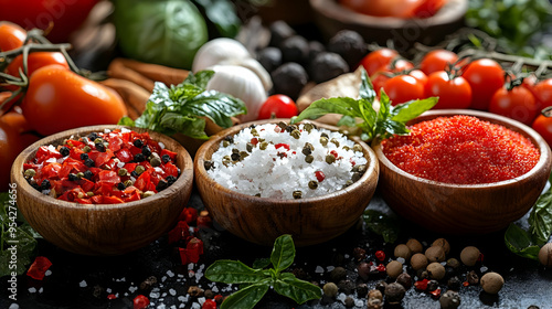 Three wooden bowls of spice...