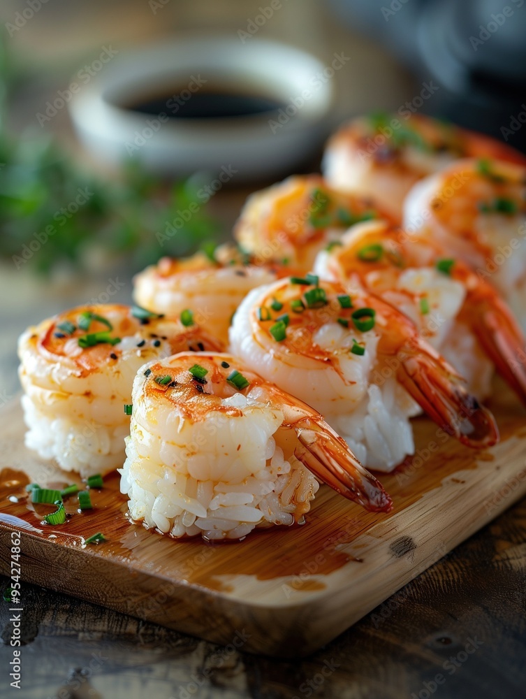 Gourmet Amaebi Nigiri with sweet shrimp on rustic wooden surface Gourmet Amaebi Nigiri with sweet shrimp on rustic wooden surface