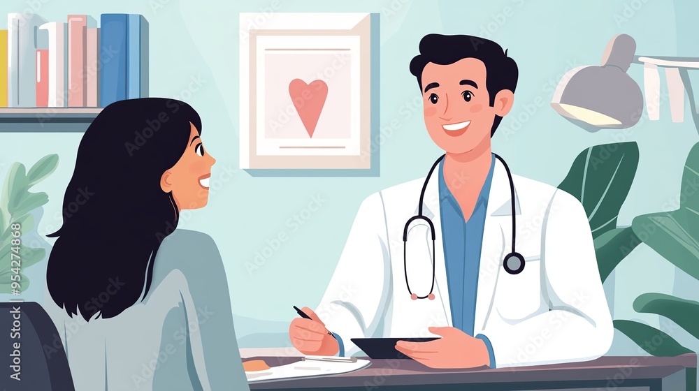 A doctor smiling while explaining health recommendations to a patient during a routine check-up. A doctor smiling while explaining health recommendations to a patient during a routine check-up.