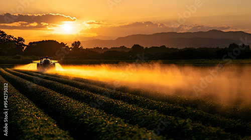 Tractor spraying a field at...