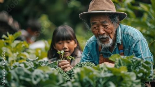 Multi-Generational Farming: Grandfather and Family Cultivating Organic Vegetables for Healthy Living photo