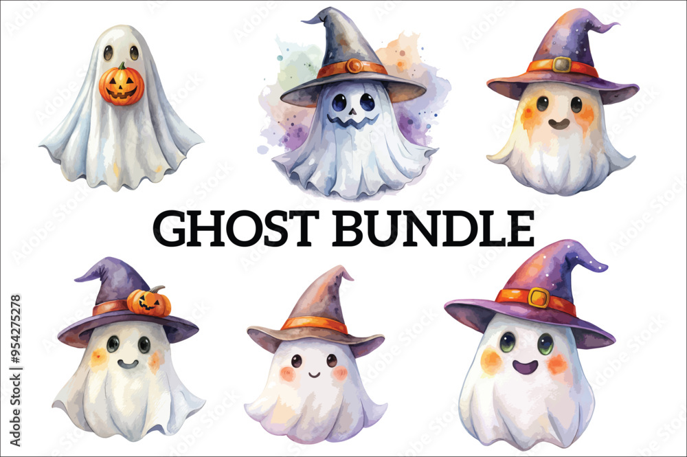 Obraz premium Cute Ghosts Vector, Spooky Season, Halloween, Cute Ghosts with pumpkin Vector.cute cartoon ghost set on white background.