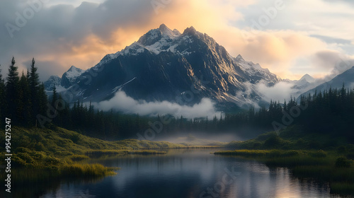 Tranquil mountain lake with...