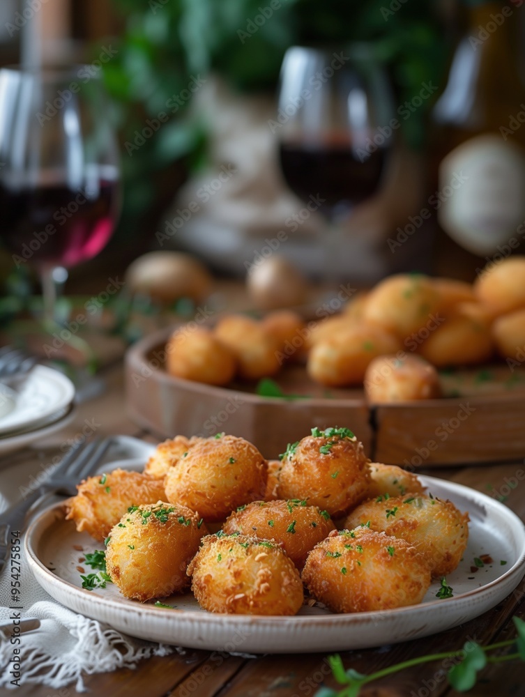 Side view of traditional Spanish croquetas in wooden bowl, rustic food photography Side view of traditional Spanish croquetas in wooden bowl, rustic food photography