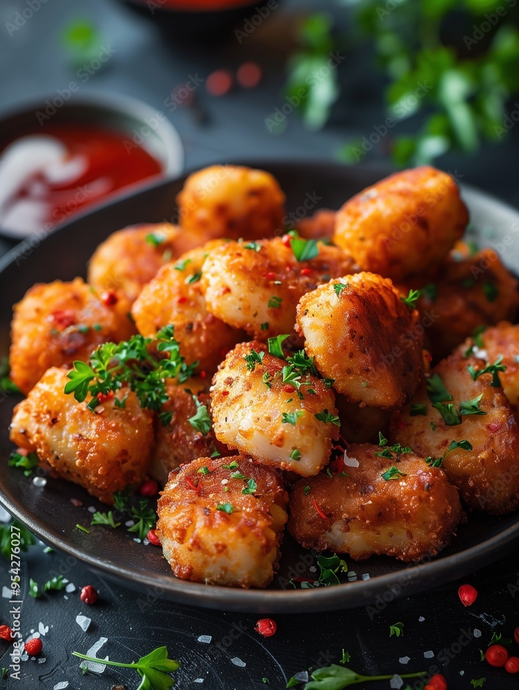 Close up of fried Croquetas, a savory Spanish appetizer in a traditional setting Close up of fried Croquetas, a savory Spanish appetizer in a traditional setting