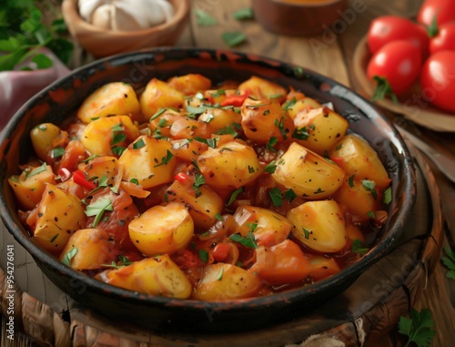 Rustic Patatas Bravas, a savory Spanish tapas with herbs, close up view