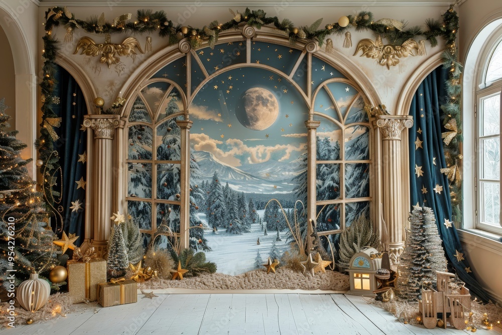 Obraz premium A Christmas scene with a large window and a mountain in the background