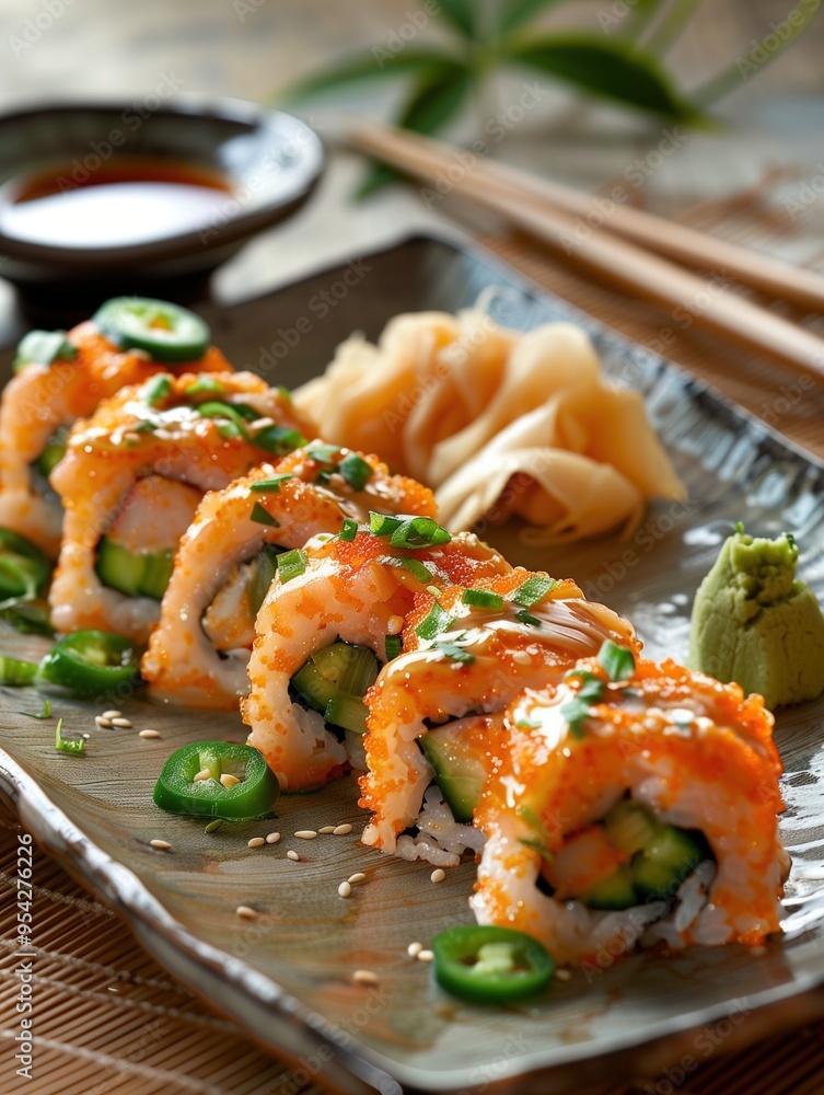 Close-up photo of Dynamite Roll sushi with spicy tuna, cucumber, avocado, and jalapenos on a rustic table Close-up photo of Dynamite Roll sushi with spicy tuna, cucumber, avocado, and jalapenos on a rustic table
