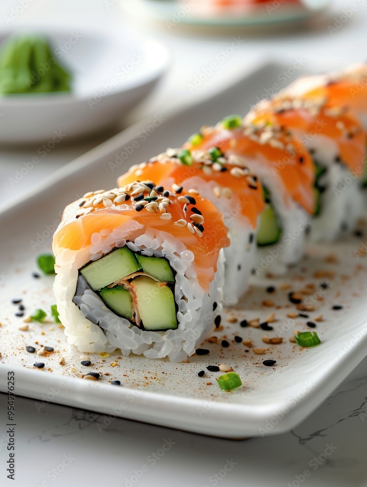 Dragon Roll sushi with eel, cucumber, and avocado topped with unagi sauce on a light background Dragon Roll sushi with eel, cucumber, and avocado topped with unagi sauce on a light background