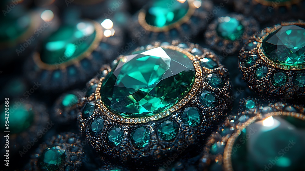 Close-up of a cluster of emerald gemstones set in gold and black metal. Close-up of a cluster of emerald gemstones set in gold and black metal.