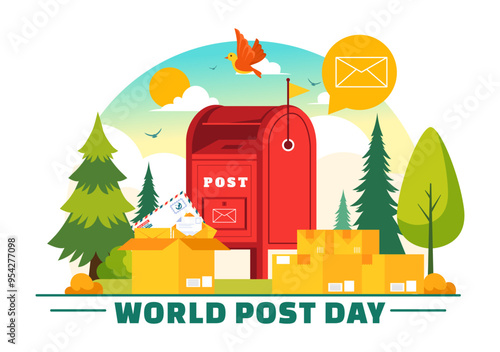 World Post Day Vector Illustration on October 9, Featuring a Red Mailbox Accepting Mail, Letters, and Parcels in a Flat Style Cartoon Background