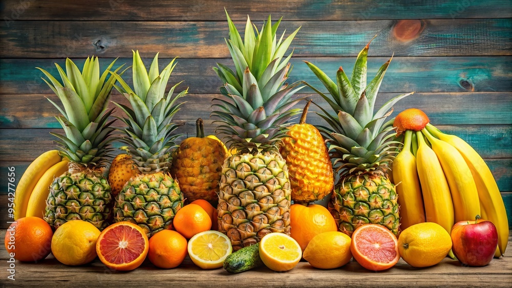 Vibrant and colorful fruit display with ripe pineapples, juicy oranges, and yellow bananas Vibrant and colorful fruit display with ripe pineapples, juicy oranges, and yellow bananas