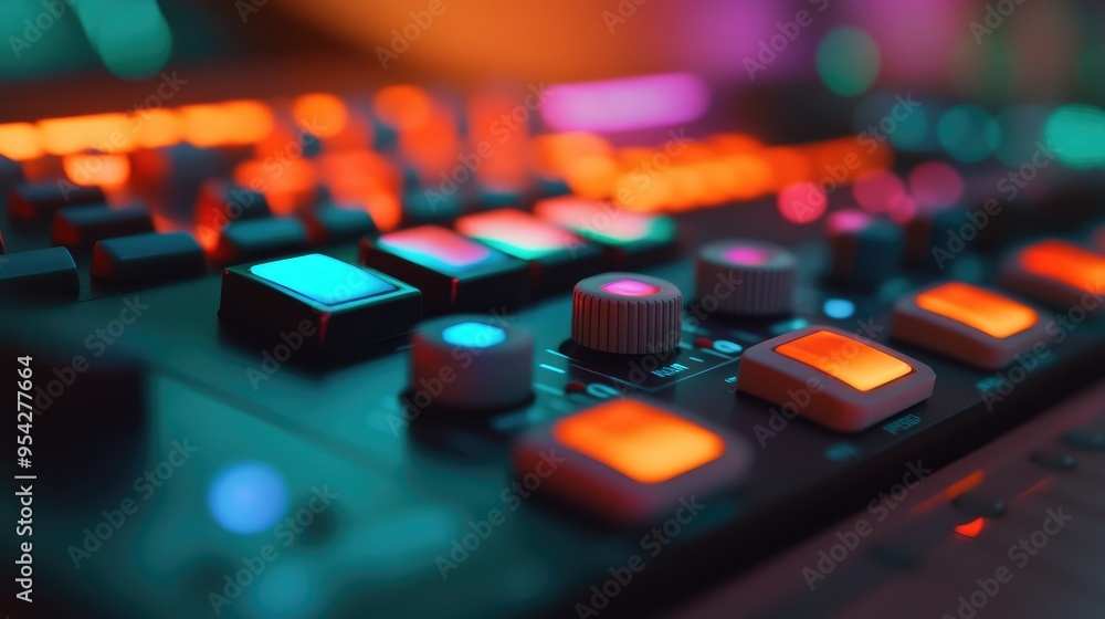 Close-up of a colorful push button array on a synthesizer, with focus on one prominent button, blurred background, no people Close-up of a colorful push button array on a synthesizer, with focus on one prominent button, blurred background, no people