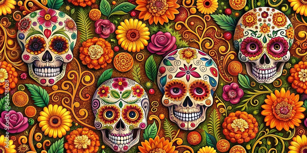 Festive Day of the Dead pattern with vibrant sugar skulls, marigolds, and intricate swirls perfect for autumnal designs Festive Day of the Dead pattern with vibrant sugar skulls, marigolds, and intricate swirls perfect for autumnal designs
